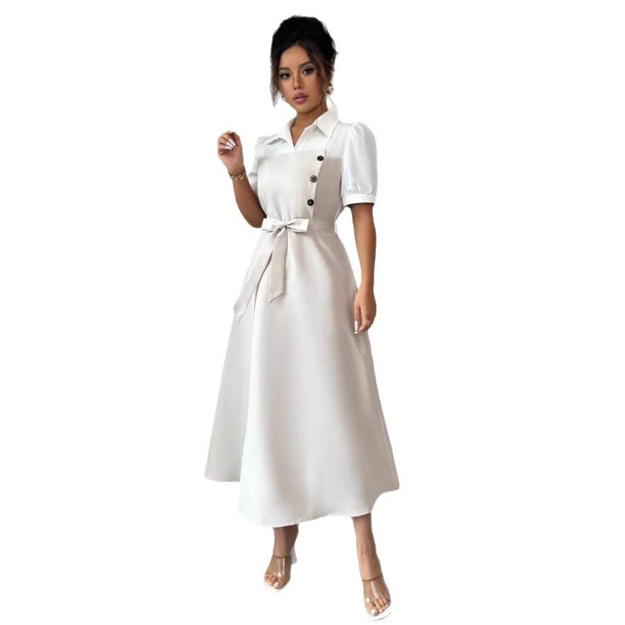 Women's Elegant Turn-down Collar Puff Sleeve Lace-up High Waist Spliced False Two-piece A-line Midi Dress for Office Daily casual Wear Natalia Home Fashion    Natalia Home Fashion