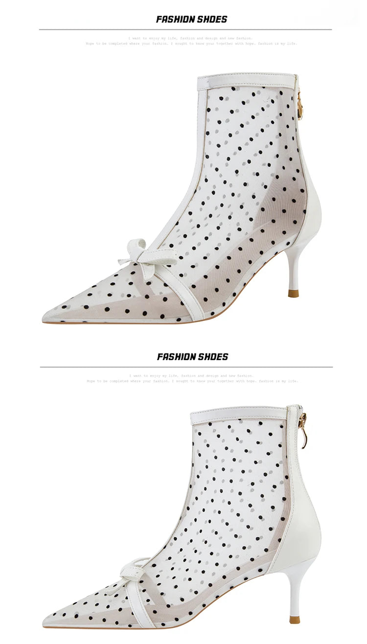 Fashion Women Ankle Boots Pointed Toe Short Pointed Toe Bow Design Thin Low Heels Back Zipper Fashion Boots Air Mesh Boots