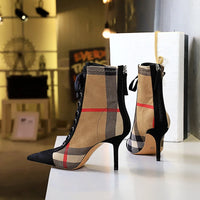 Ankle Women Boots Fashion Slim Heel High Heel Pointed Plaid Plaid Lace up Fashion Cross Strapping Boots