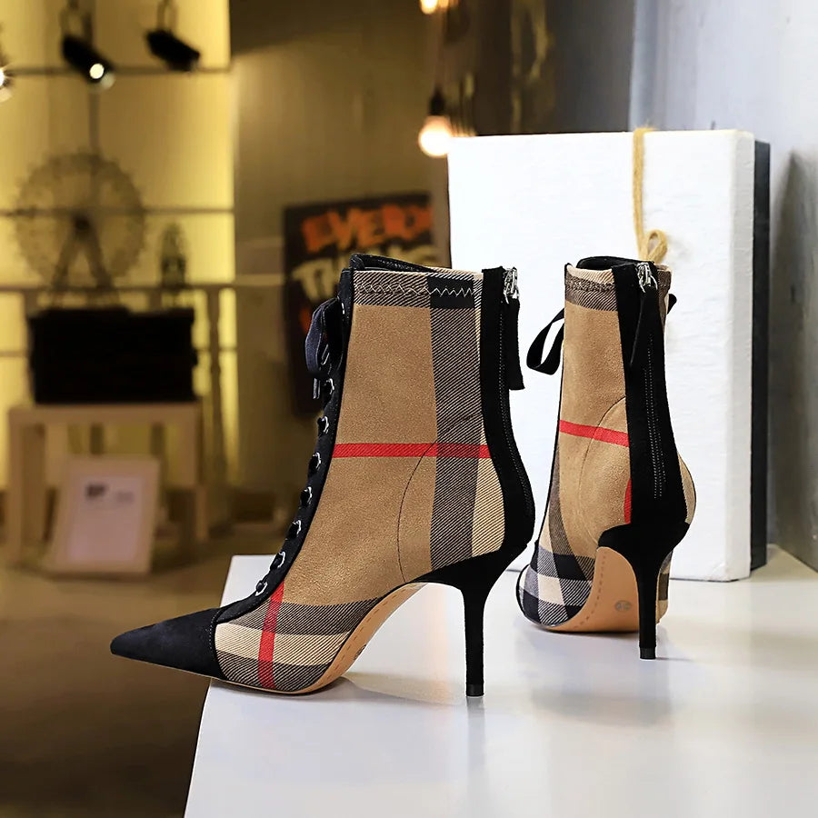 Ankle Women Boots Fashion Slim Heel High Heel Pointed Plaid Plaid Lace up Fashion Cross Strapping Boots