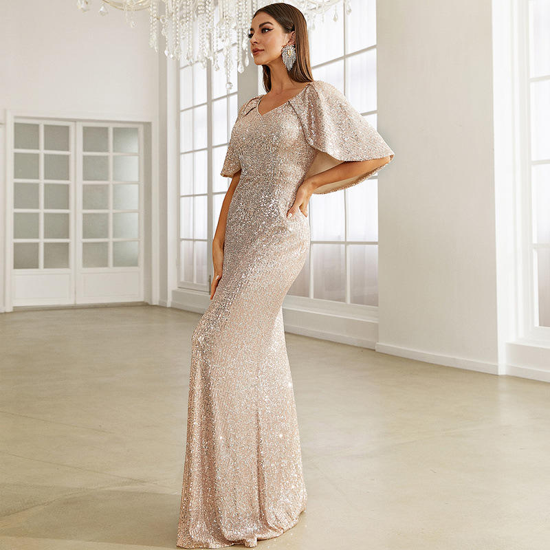 Cape Sleeves Sequined Evening Dress Mermaid Tail And Floor-Length Dress Elegant Dresses For Evening Dress