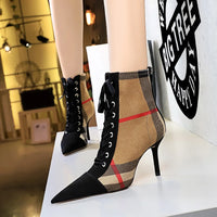 Ankle Women Boots Fashion Slim Heel High Heel Pointed Plaid Plaid Lace up Fashion Cross Strapping Boots