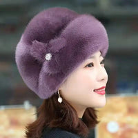 Hat Women's Winter Artificial Mink Hair Top Hat Fashion Leather Warm Hat Fur Bag Cap Natalia Home Fashion   PURPLE Natalia Home Fashion
