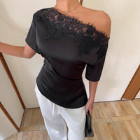 Elegant temperament women's top with lace splicing, sloping collar, waist cinching, solid color, irregular short sleeved top Natalia Home Fashion    Natalia Home Fashion