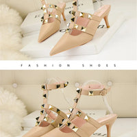 Female Rivets T-strap Sandals Pointy Toe Soft Leather Sexy Women Shoes Comfort 6CM High Heels Ladies Work Dress Shoe