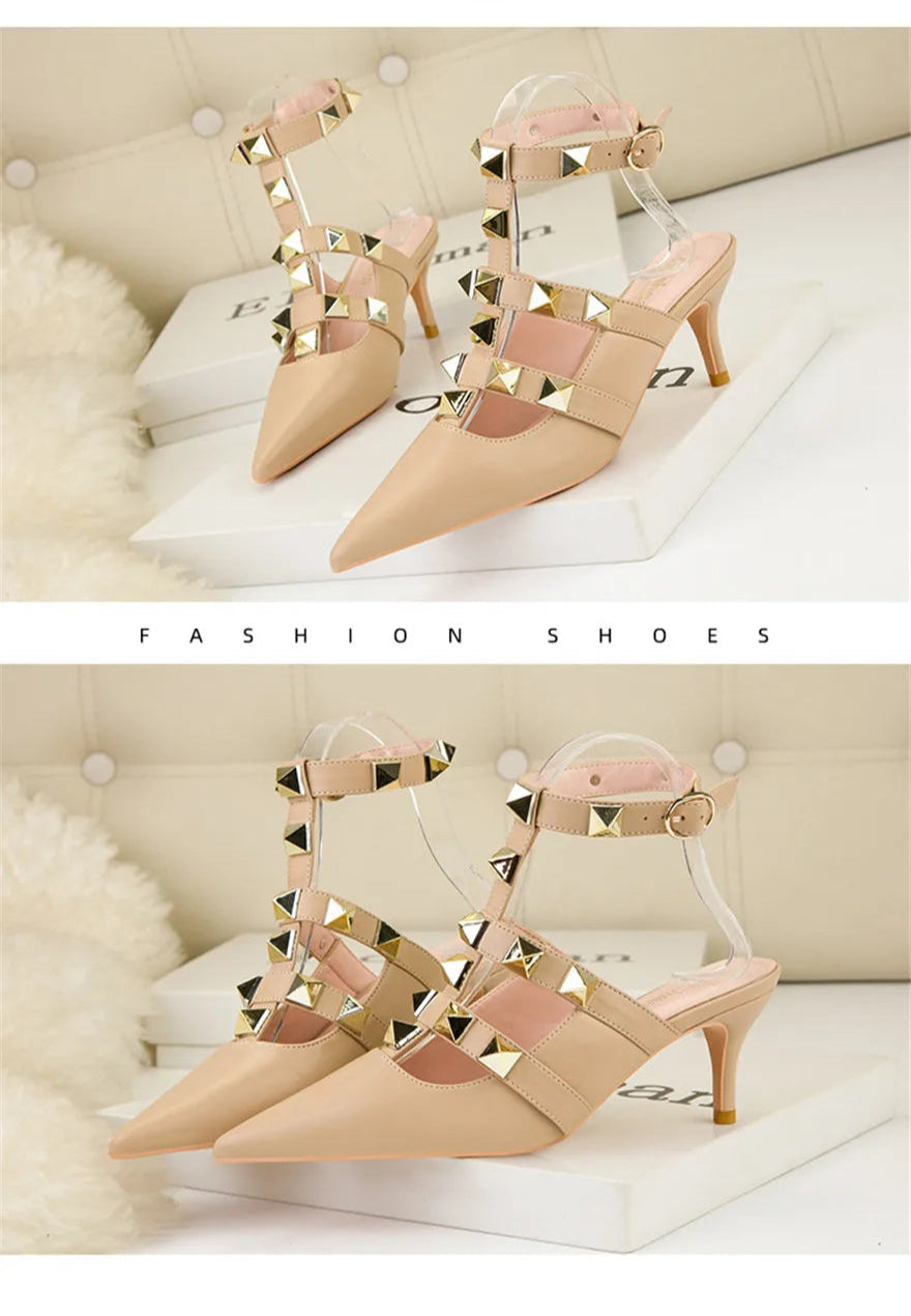 Female Rivets T-strap Sandals Pointy Toe Soft Leather Sexy Women Shoes Comfort 6CM High Heels Ladies Work Dress Shoe
