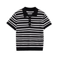Women's Casual Button Top French Retro Turn-down Collar Striped Knitted Short-sleeved Sweater Top Natalia Home Fashion    Natalia Home Fashion