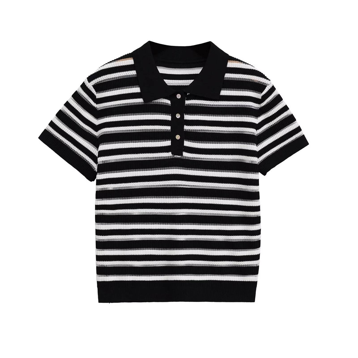 Women's Casual Button Top French Retro Turn-down Collar Striped Knitted Short-sleeved Sweater Top Natalia Home Fashion    Natalia Home Fashion