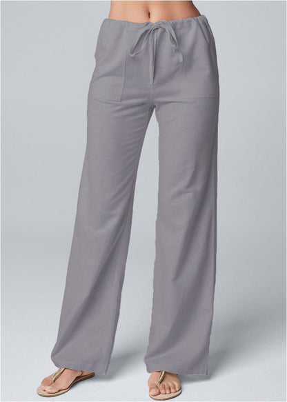 Women Cotton Linen Pants Solid Color Elastic Loose Drawstring Wide-Leg High Waist Trousers Female Stretch Straight Casual Pants
