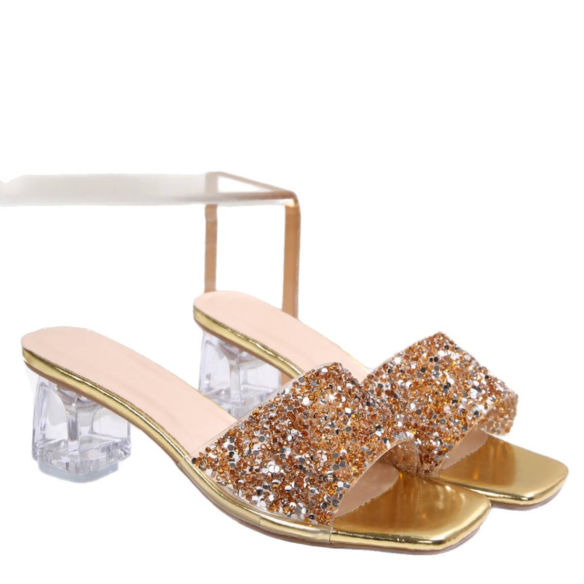 Shiny Sequins High Heel Slippers for Women Summer Fashion Square Toe Transparent Heeled Sandals Woman Glitter Slides - Natalia Home Fashion