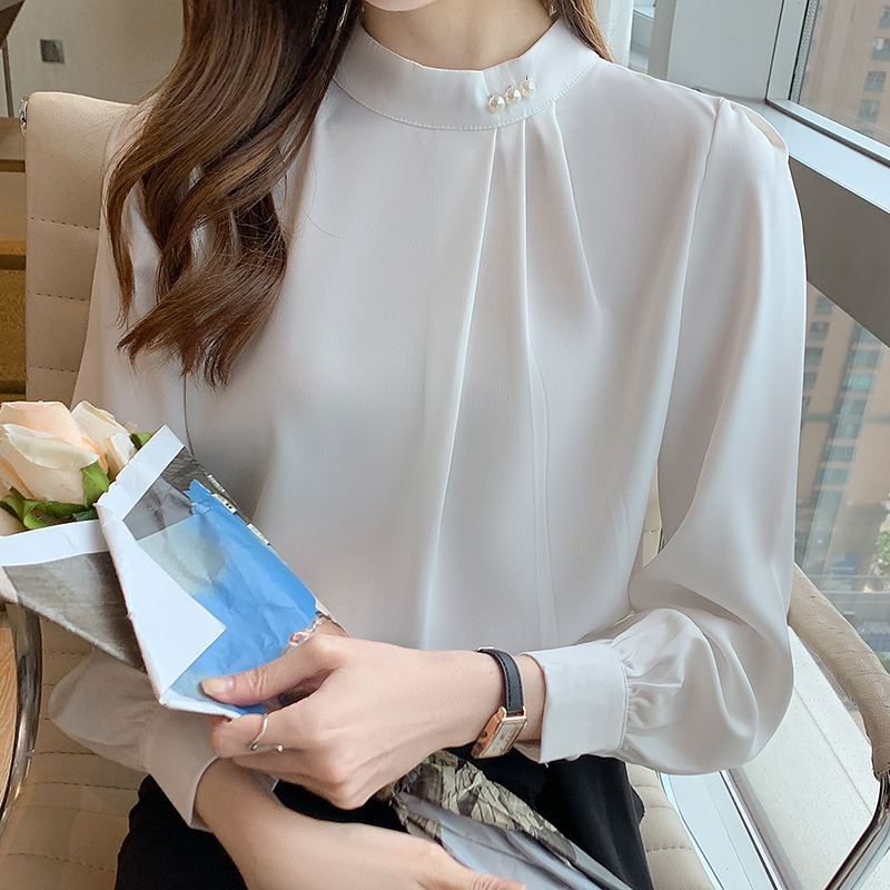 Women's Long-sleeved Fashionable Beaded Base Shirt Niche Chiffon Shirt