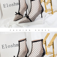 Fashion Women Ankle Boots Pointed Toe Short Pointed Toe Bow Design Thin Low Heels Back Zipper Fashion Boots Air Mesh Boots