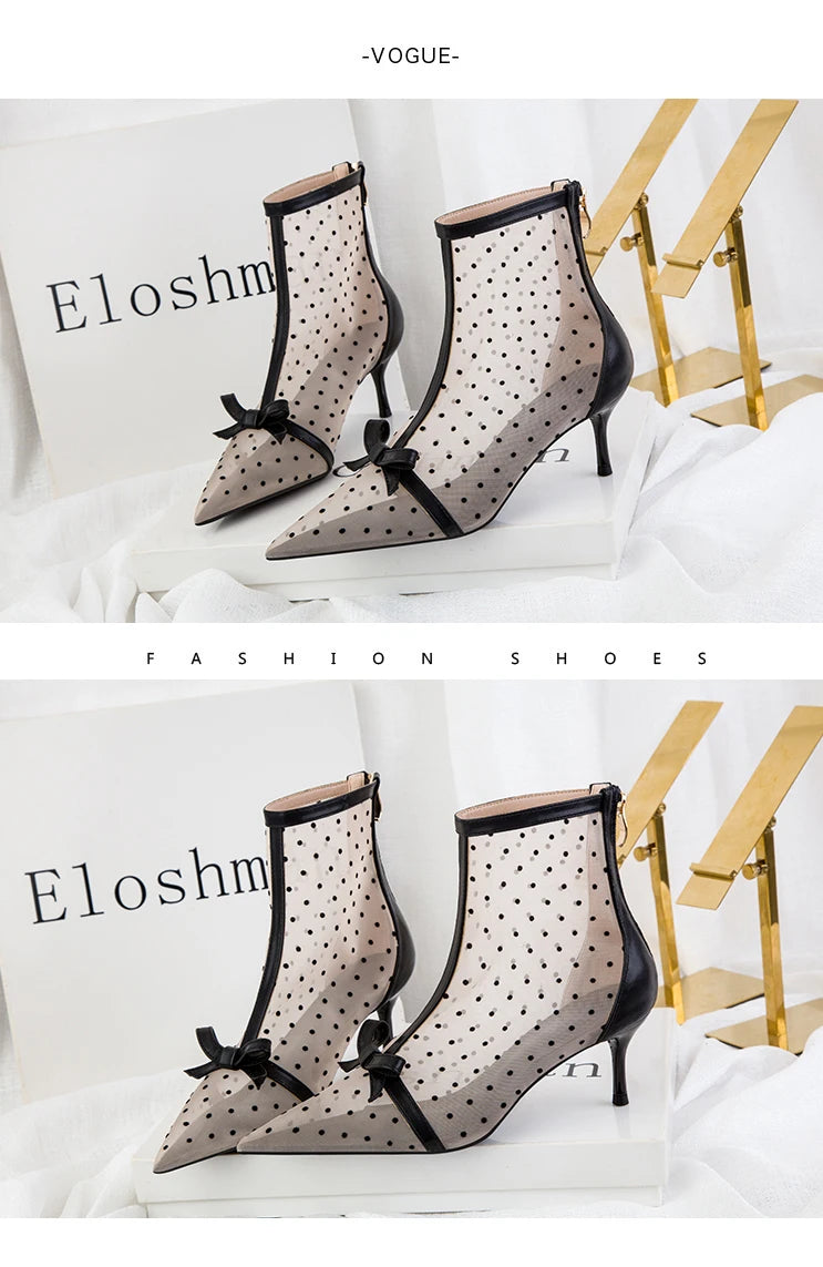Fashion Women Ankle Boots Pointed Toe Short Pointed Toe Bow Design Thin Low Heels Back Zipper Fashion Boots Air Mesh Boots