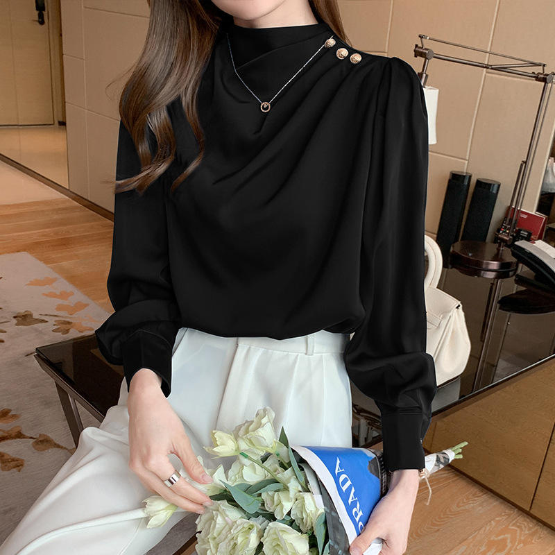 Stylish Long Sleeve Women Satin Blouses Elegant Loose O-neck Buttons Ladies Pullovers Shirts Tops Natalia Home Fashion    Natalia Home Fashion