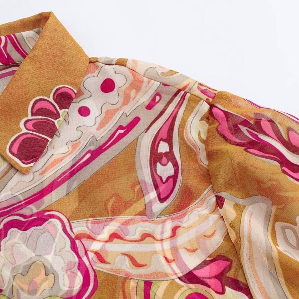 Spring New Ethnic style Flower Print Chiffon Shirt Single Breasted Tiered Ruffles Women's Sheer Top Thin Blouse