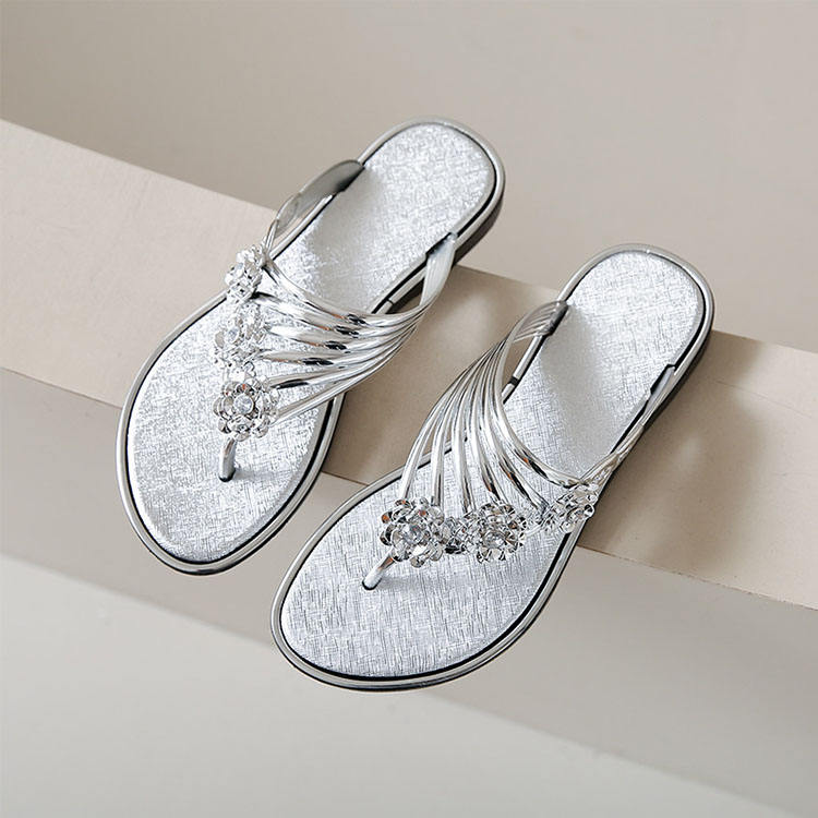 Women's Flat Sandals Summer Outdoor Beach Shoes Silver Clip Board Slippers with Three Flowers And Sequins PVC Material - Natalia Home Fashion