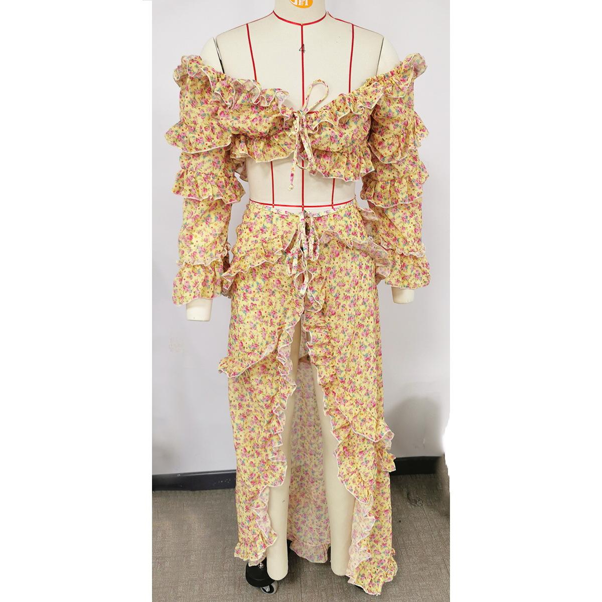 Chiffon Floral 2 Pc Bikini Set Long Sleeve Backless Crop Tops Women Transparent Bodycon Skirts Sexy Beach Casual