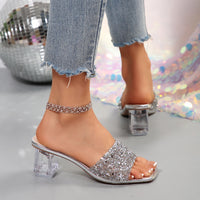 Shiny Sequins High Heel Slippers for Women Summer Fashion Square Toe Transparent Heeled Sandals Woman Glitter Slides - Natalia Home Fashion