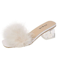 Fluffy Peep Toe Sexy High Heels Women Shoes Fur Feather Lady Fashion Wedding Slip-On Square Toe Women Sandals Natalia Home Fashion    Natalia Home Fashion