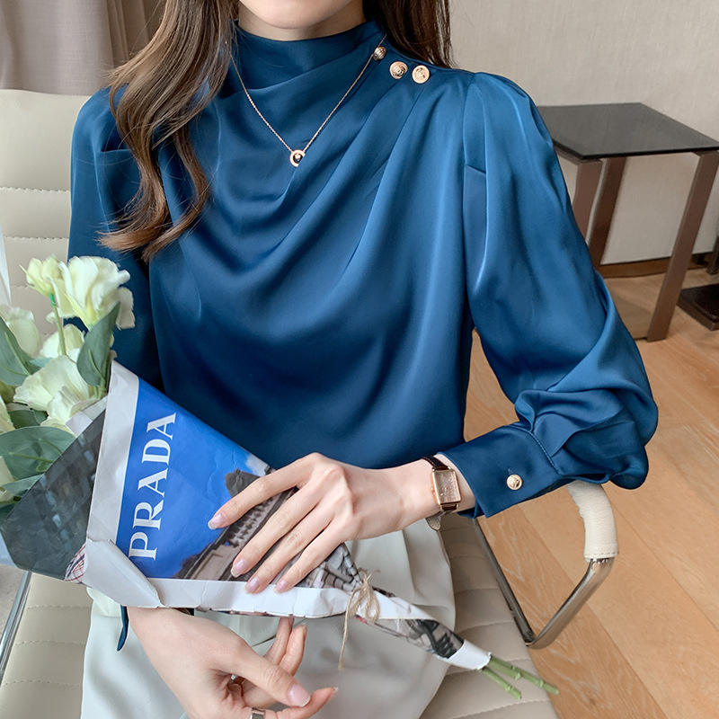 Stylish Long Sleeve Women Satin Blouses Elegant Loose O-neck Buttons Ladies Pullovers Shirts Tops Natalia Home Fashion    Natalia Home Fashion