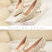 Simple Style New Fashion Sexy Wild Stiletto Metal Heels Pointed Toe Shallow Slim Bling Wedding Women Dress Pumps Shoes
