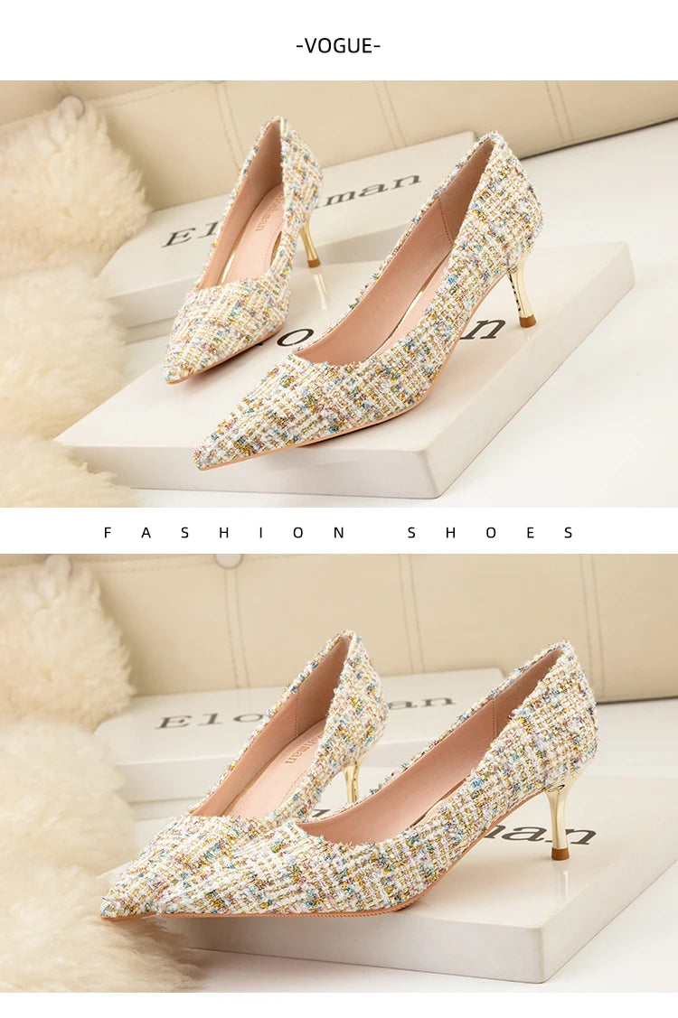 Simple Style New Fashion Sexy Wild Stiletto Metal Heels Pointed Toe Shallow Slim Bling Wedding Women Dress Pumps Shoes