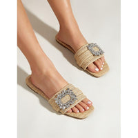 Semi Formal Fashion Square Headed Cane Knitted Flat Heels for Women Slippers Flat Bottom Crystal Sandals every day wear Slides Natalia Home Fashion    Natalia Home Fashion