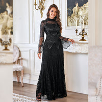 Black Lace Mermaid Elegant Evening Dress for Women High Neck Long Sleeve Sequins Party Dresses Prom Gowns Wedding