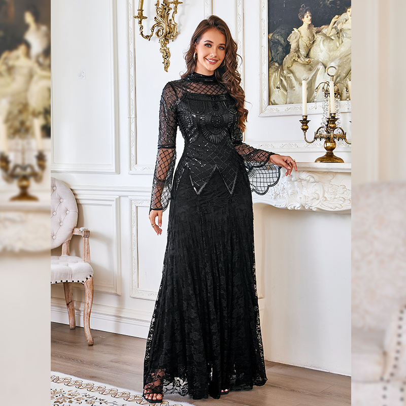 Black Lace Mermaid Elegant Evening Dress for Women High Neck Long Sleeve Sequins Party Dresses Prom Gowns Wedding