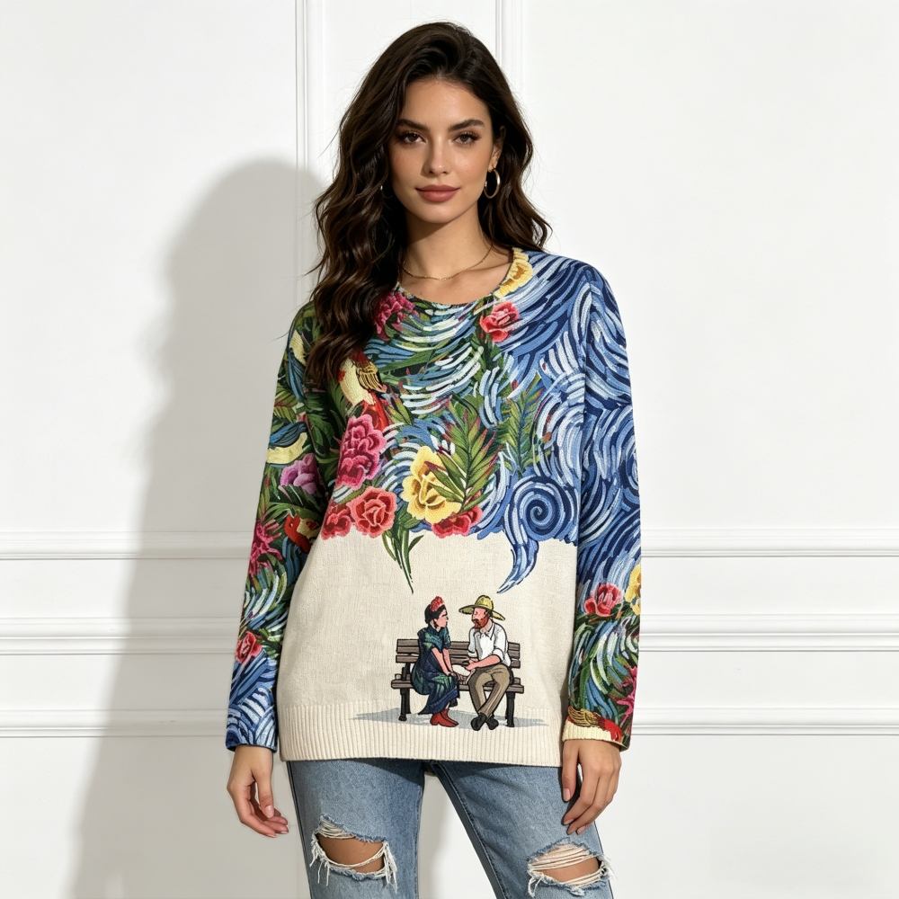 Women's Crew Neck Knit Sweater Loose Fit Van Gogh Starry Night Floral Art Print Bohemian Style Natalia Home Fashion    Natalia Home Fashion