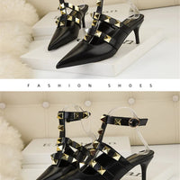 Female Rivets T-strap Sandals Pointy Toe Soft Leather Sexy Women Shoes Comfort 6CM High Heels Ladies Work Dress Shoe