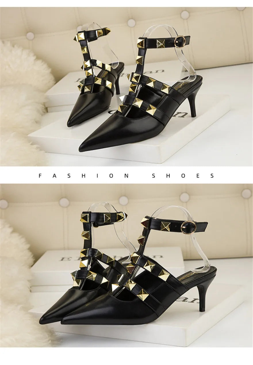 Female Rivets T-strap Sandals Pointy Toe Soft Leather Sexy Women Shoes Comfort 6CM High Heels Ladies Work Dress Shoe