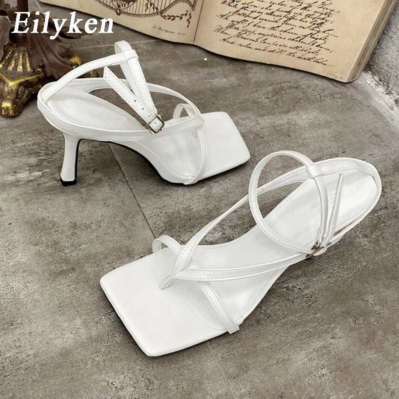 Square Head Ankle Strap Sandals Women Fashion High Heel Gladiator Narrow Band Party Dress Pump Shoes