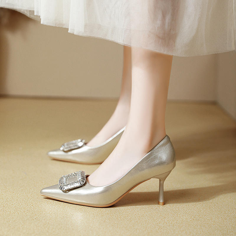 Elegant Retro Pointed Toe High Heels Thin Heel Women's Shoes Comfortable Diamond Embellished Low Cut Fashionable Footwear