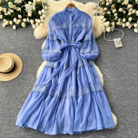Elegant Hollow Out Organza Long Maxi Dresses Shirt Women  Layer Ruffle Full Sleeve Pearl Evening Party Dress