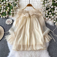 Off Shoulder Sweet Chiffon Top Long Sleeve Elastic French Style Solid Women Vacation Ruffles Loose Dresses