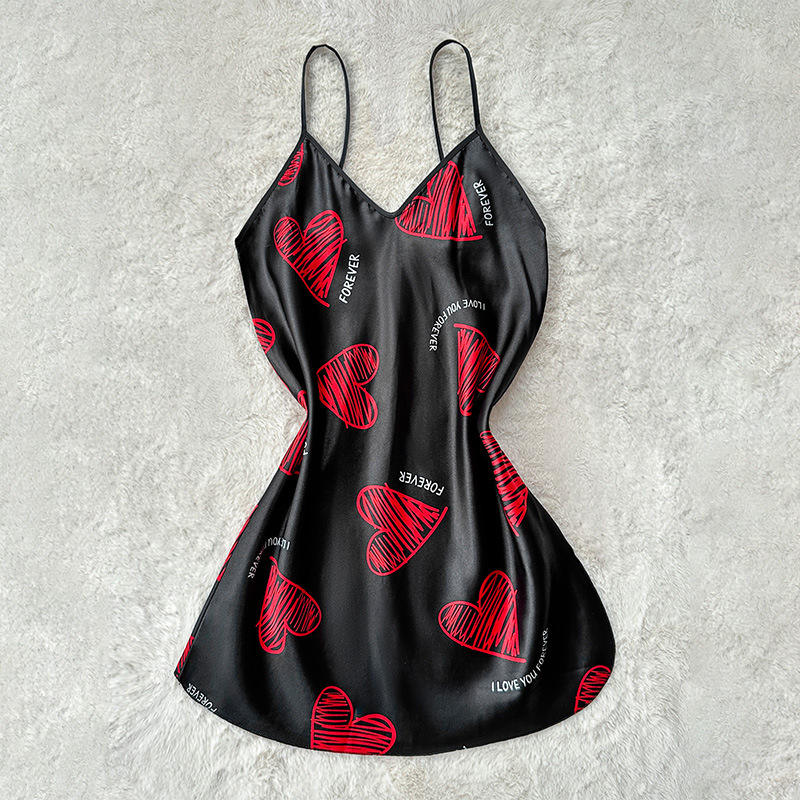 Print Satin Slip Nightdress V Neck Backless Mini Sleep Dress Women Sleepwear Dresses Nightgown