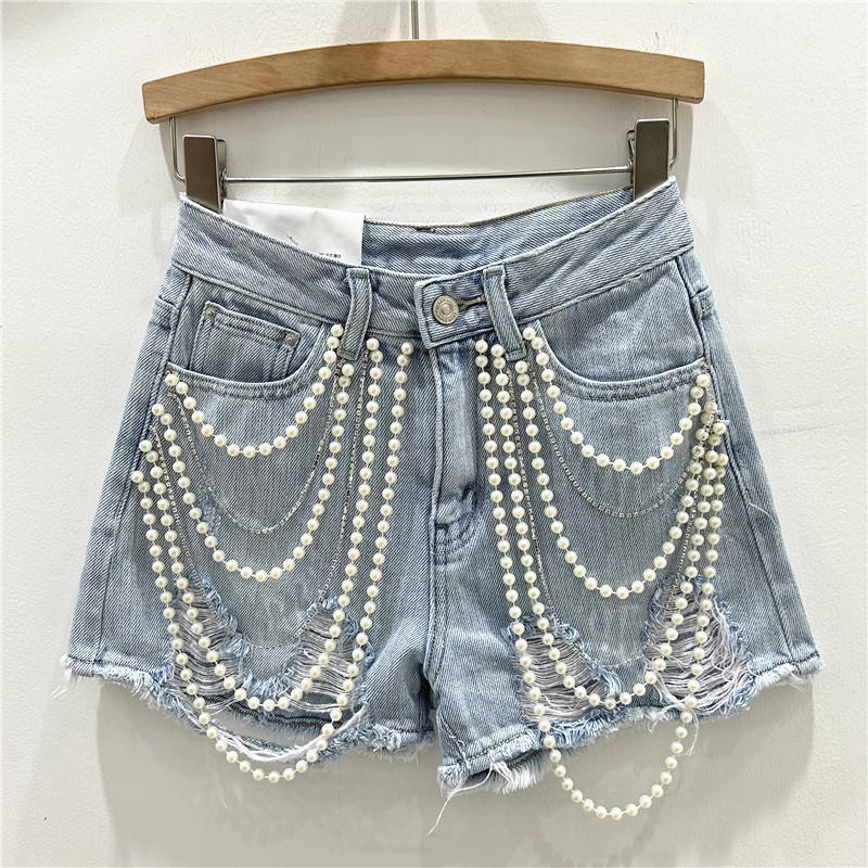 Denim Summer Shorts for Women's Bottoms Pearls Fashion Casual Shorts