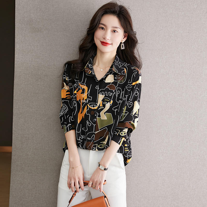 Summer Women Shirt 3D Abstract Line Face Digital Print Long Sleeve Shirt Women Fashion Large Size Lapel Button Down Shirt