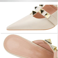 Female Rivets T-strap Sandals Pointy Toe Soft Leather Sexy Women Shoes Comfort 6CM High Heels Ladies Work Dress Shoe