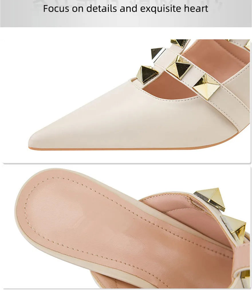 Female Rivets T-strap Sandals Pointy Toe Soft Leather Sexy Women Shoes Comfort 6CM High Heels Ladies Work Dress Shoe