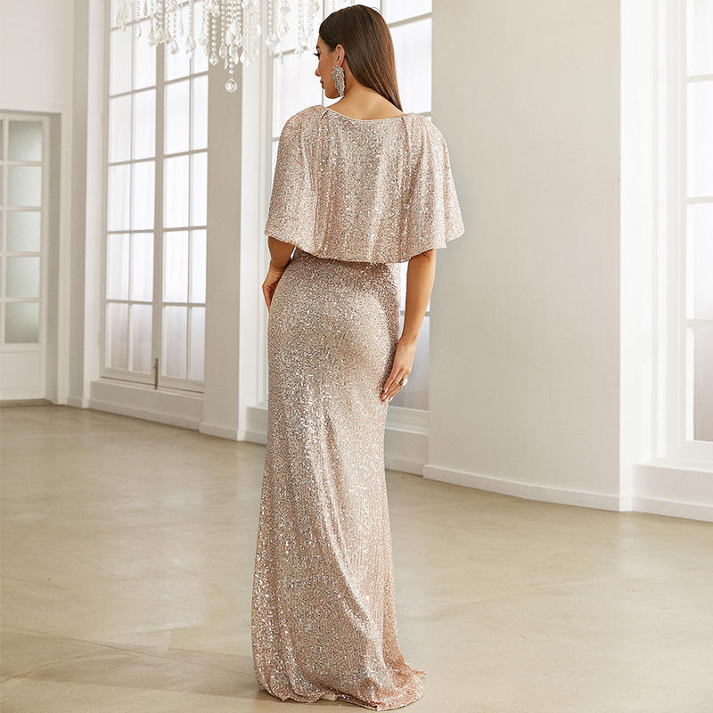 Cape Sleeves Sequined Evening Dress Mermaid Tail And Floor-Length Dress Elegant Dresses For Evening Dress