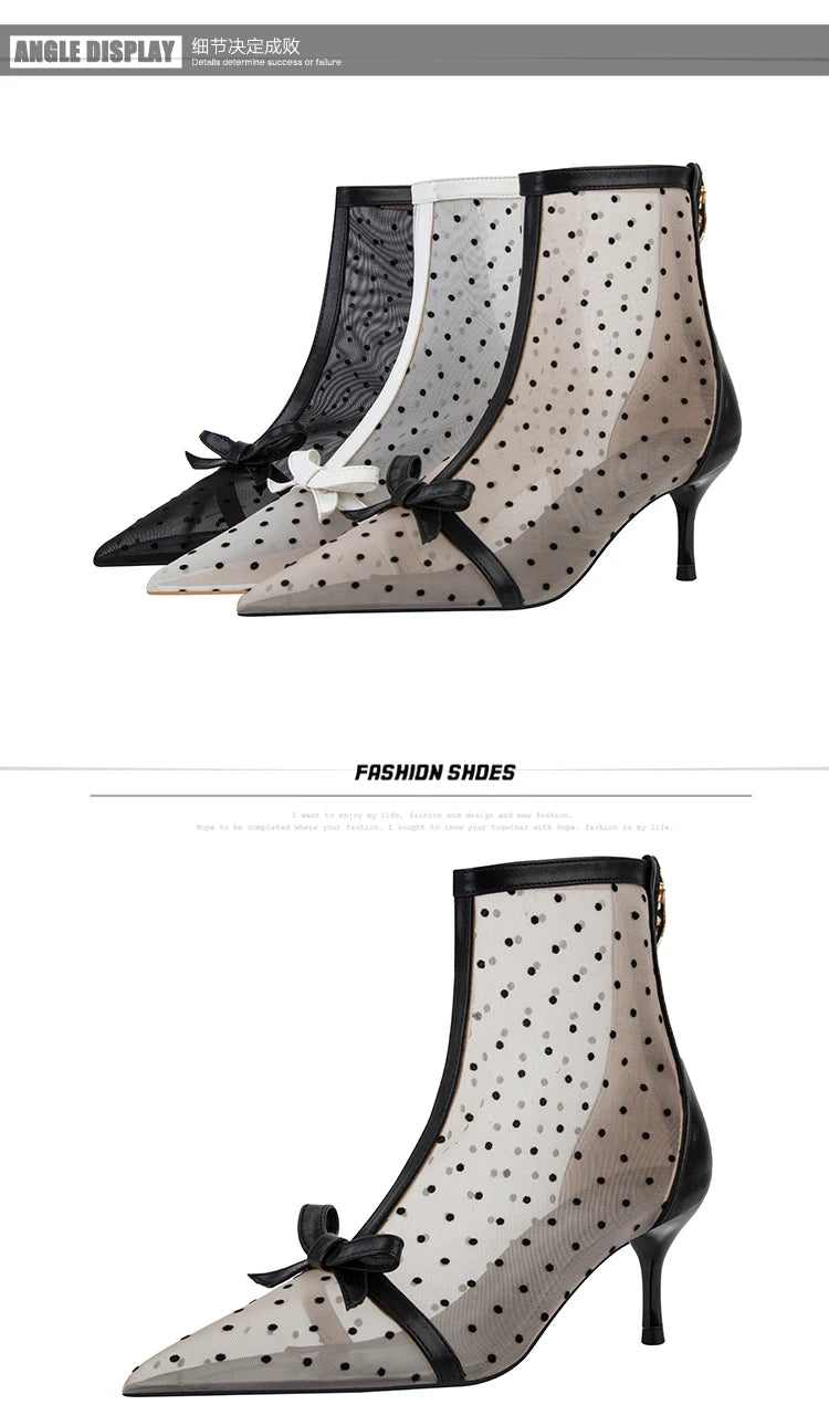 Fashion Women Ankle Boots Pointed Toe Short Pointed Toe Bow Design Thin Low Heels Back Zipper Fashion Boots Air Mesh Boots