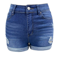 Summer A- Line Women's Denim Shorts High-Waisted Slimming Wide-Leg Rolled Edge Casual Style Blue Stretch Jeans
