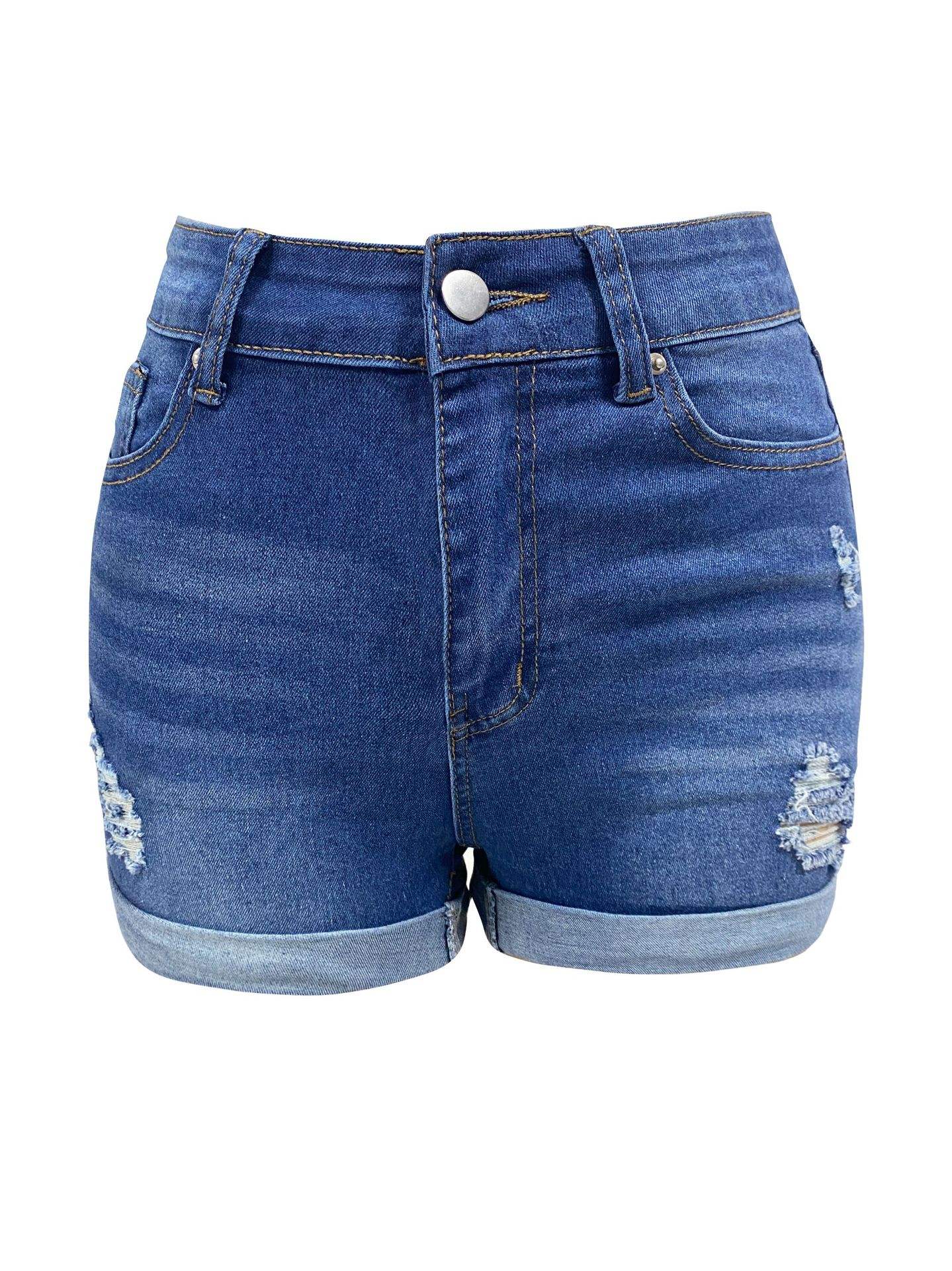 Summer A- Line Women's Denim Shorts High-Waisted Slimming Wide-Leg Rolled Edge Casual Style Blue Stretch Jeans