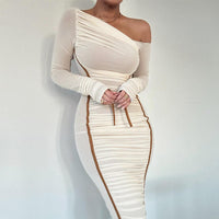Women Two Layer Mesh Backless Ruched bodycon dress Club Party Sexy Long Dress Diagonal Collar Long Sleeve Midi Dress