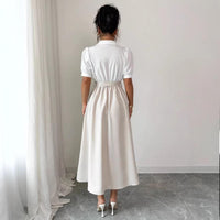 Women's Elegant Turn-down Collar Puff Sleeve Lace-up High Waist Spliced False Two-piece A-line Midi Dress for Office Daily casual Wear Natalia Home Fashion    Natalia Home Fashion