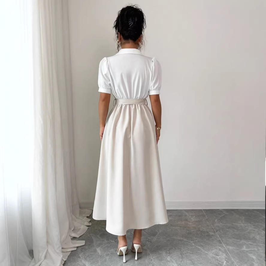 Women's Elegant Turn-down Collar Puff Sleeve Lace-up High Waist Spliced False Two-piece A-line Midi Dress for Office Daily casual Wear Natalia Home Fashion    Natalia Home Fashion
