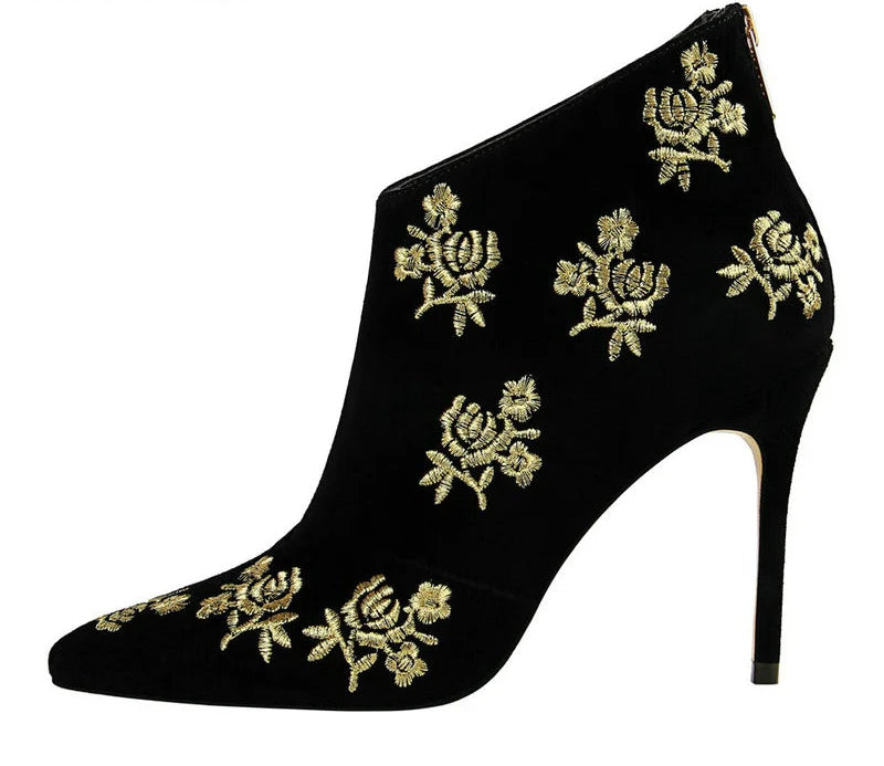 Ankle Length Flock Boots Women Fashion Pointed Toe High Heel Shoes Ankle Boots Embroider Design Ladies Shoes