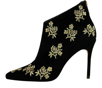 Ankle Length Flock Boots Women Fashion Pointed Toe High Heel Shoes Ankle Boots Embroider Design Ladies Shoes